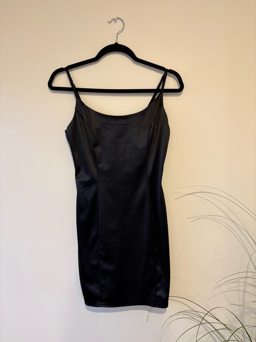 Black Satin Mini Slip Dress with Spaghetti Straps